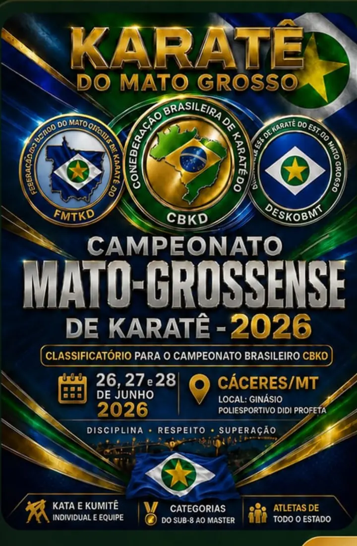 Cartaz do Campeonato Mato-Grossense de Karatê 2026 — etapa Cáceres/MT